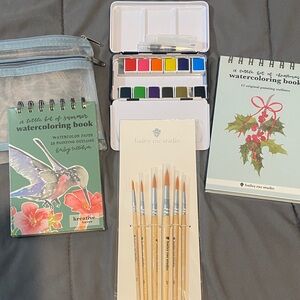 Watercolor Painting Set with Books and Brushes